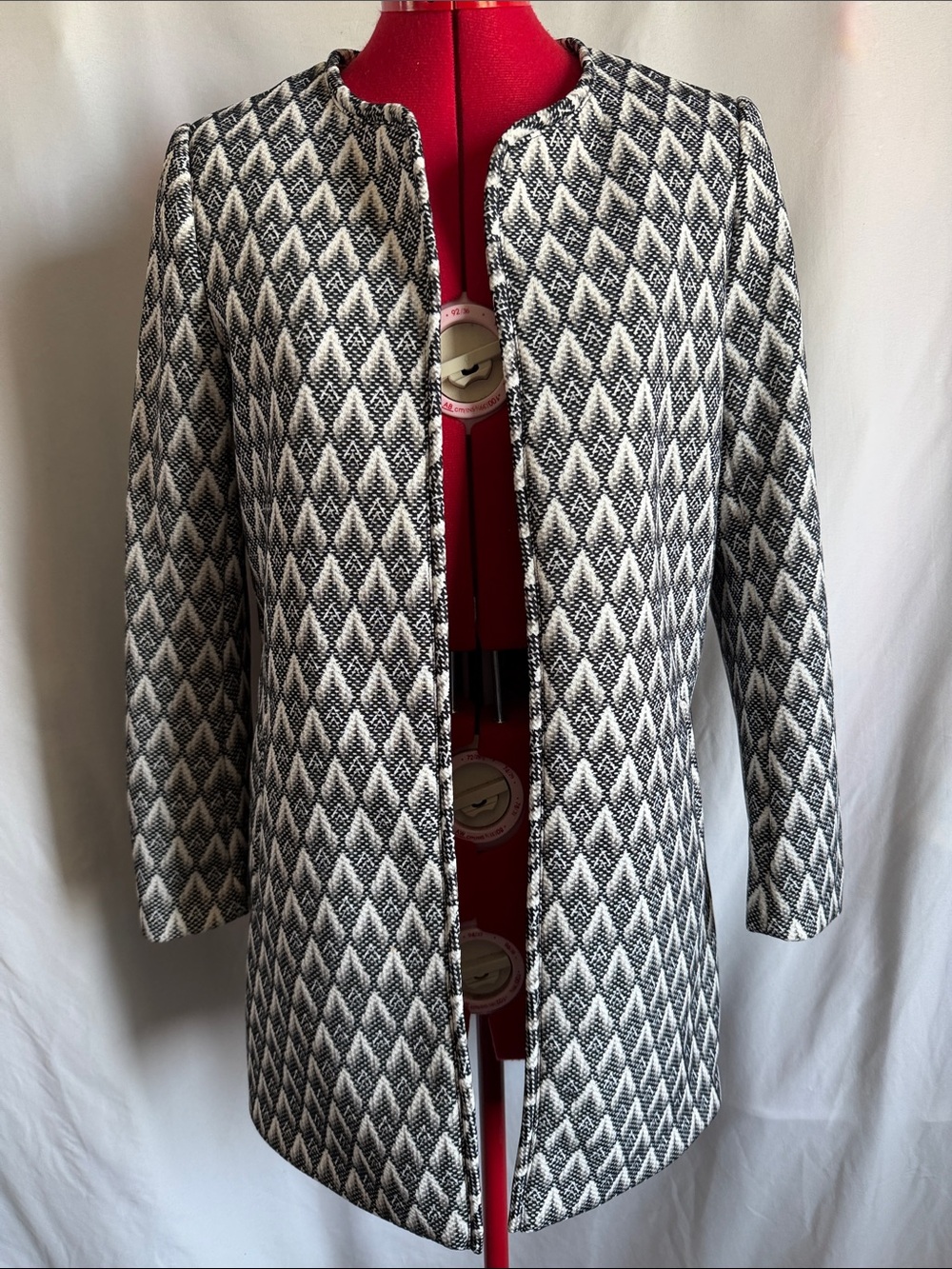 H&M Black & White Geometric Tweed Longline Pea Coat
